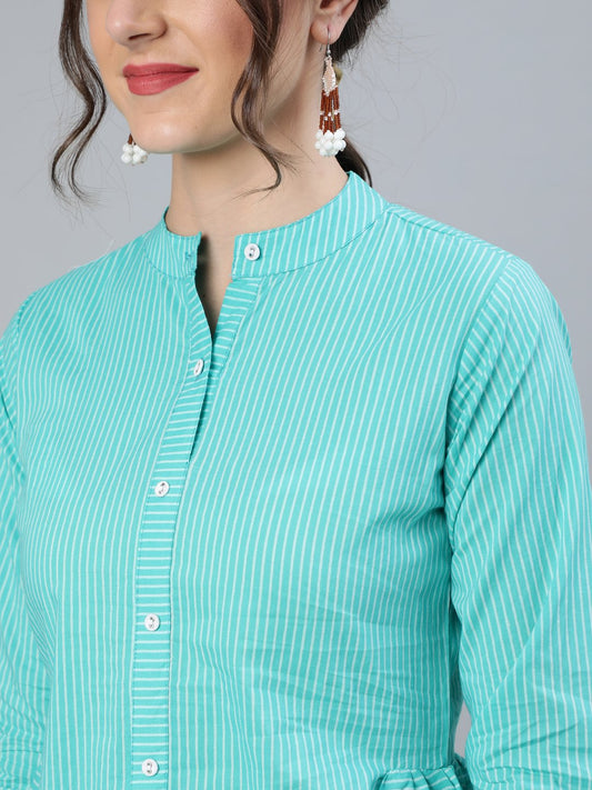 Women Blue Stripped Top With Round Neck & Three Quarter Sleeves | LASVINI - Redefining Indian Fashion with Elegance