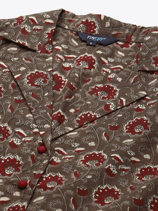 Womens Taupe & Maroon Printed Night Suit | LASVINI - Redefining Indian Fashion with Elegance