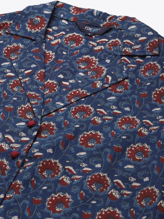 Womens Blue & Maroon Printed Night Suit | LASVINI - Redefining Indian Fashion with Elegance