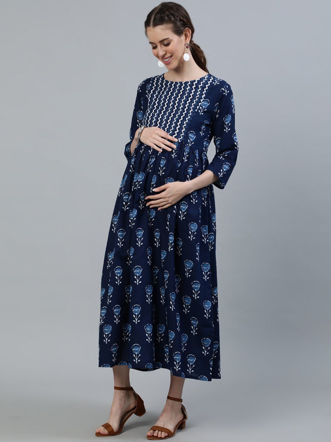 Women Blue Indigo Printed Flared Maternity Dress With Three Quarters Sleeves | LASVINI - Redefining Indian Fashion with Elegance