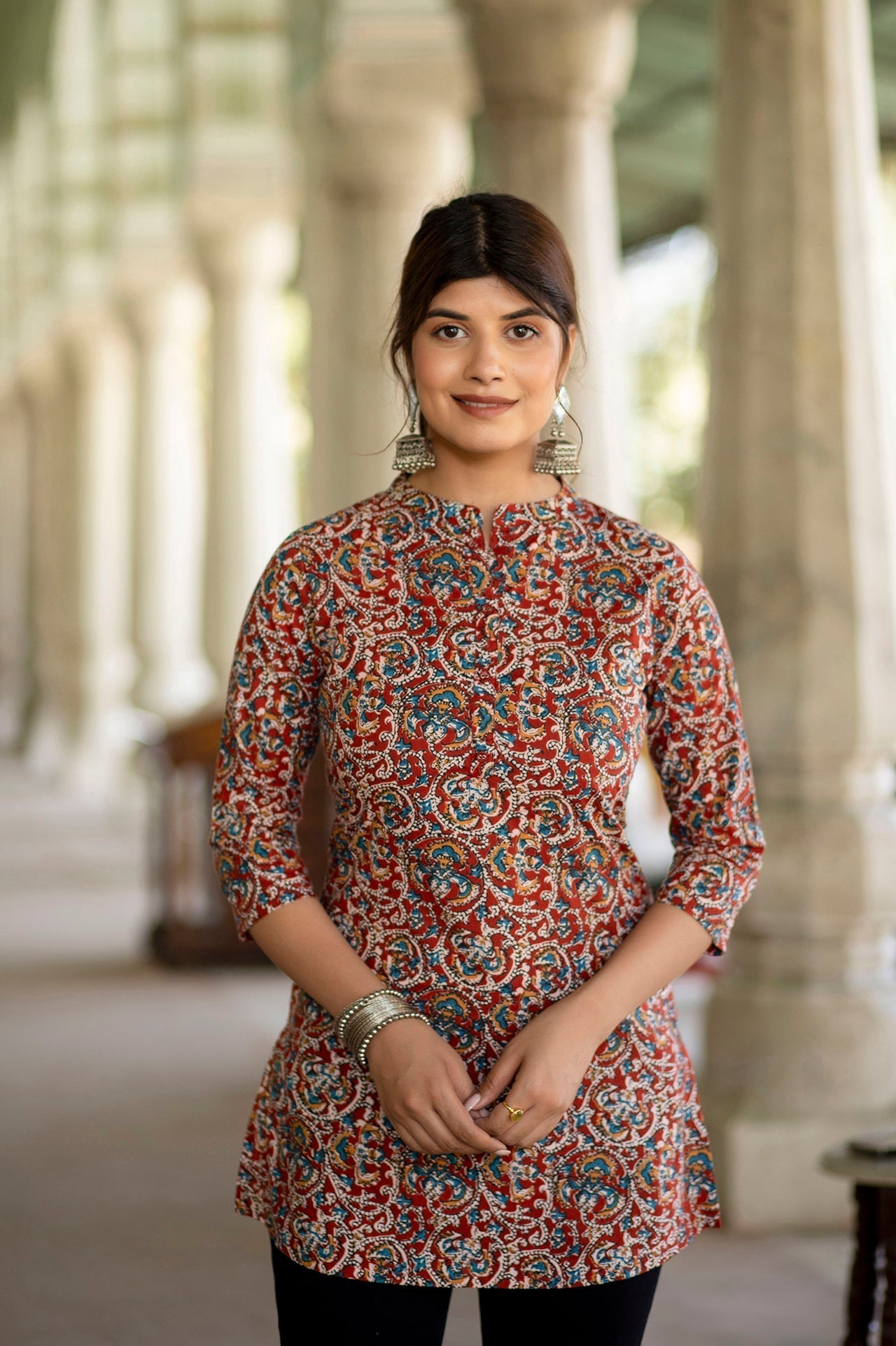 Women Maroon Printed Tunic With Mandarin Collar & Three Quarter Sleeves | LASVINI - Redefining Indian Fashion with Elegance