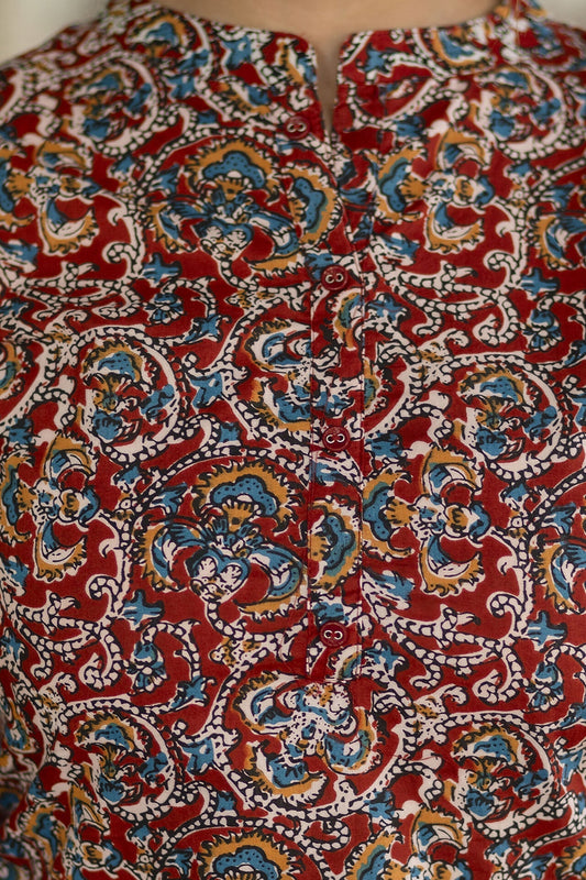 Women Maroon Printed Tunic With Mandarin Collar & Three Quarter Sleeves | LASVINI - Redefining Indian Fashion with Elegance