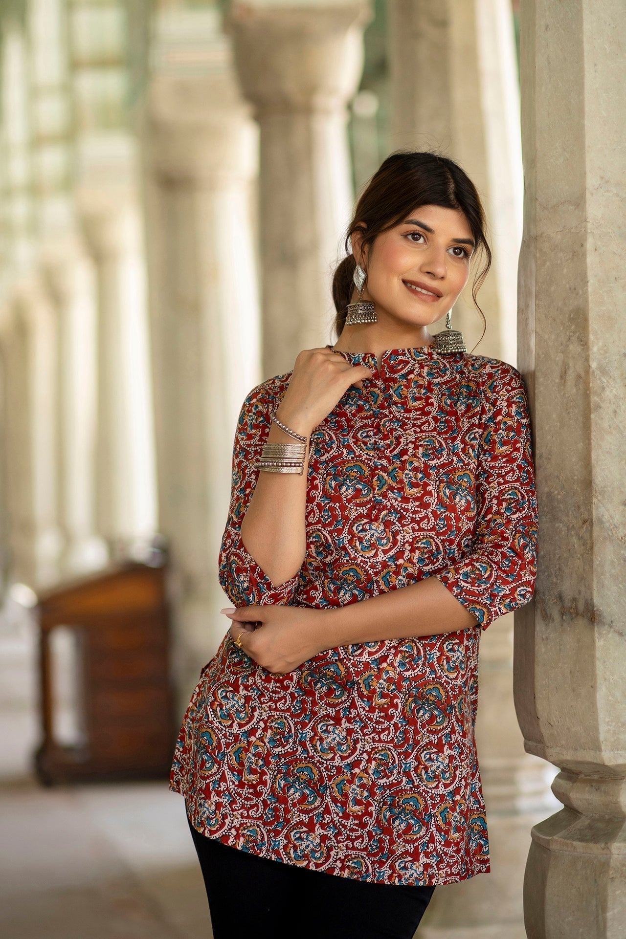 Women Maroon Printed Tunic With Mandarin Collar & Three Quarter Sleeves | LASVINI - Redefining Indian Fashion with Elegance