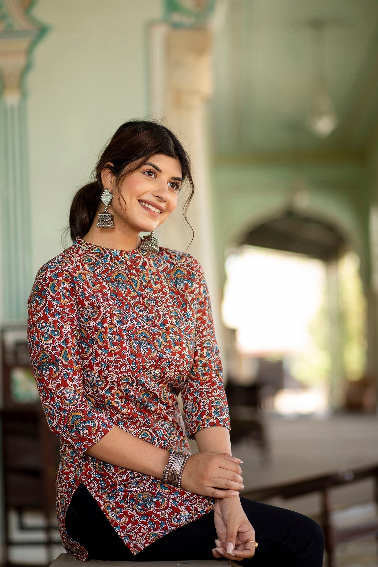 Women Maroon Printed Tunic With Mandarin Collar & Three Quarter Sleeves | LASVINI - Redefining Indian Fashion with Elegance