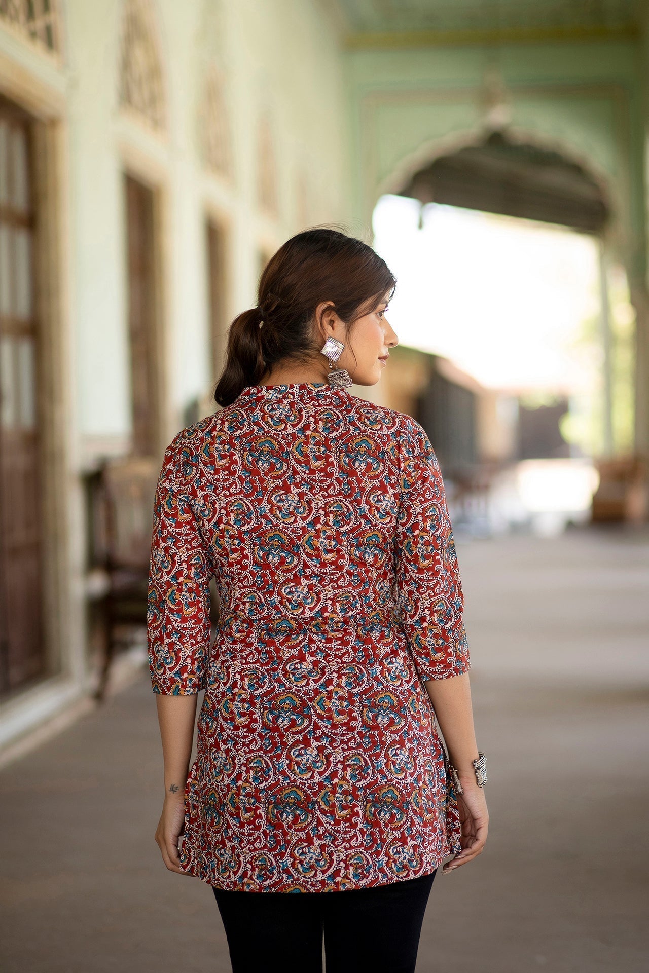 Women Maroon Printed Tunic With Mandarin Collar & Three Quarter Sleeves | LASVINI - Redefining Indian Fashion with Elegance