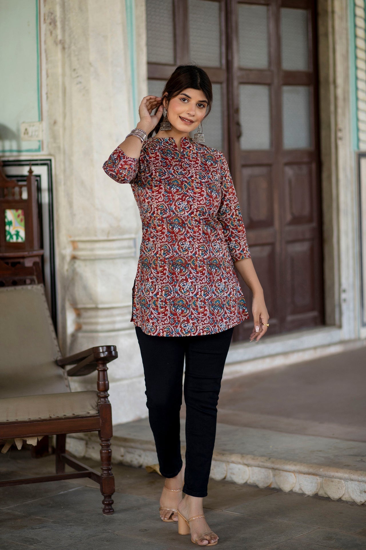 Women Maroon Printed Tunic With Mandarin Collar & Three Quarter Sleeves | LASVINI - Redefining Indian Fashion with Elegance