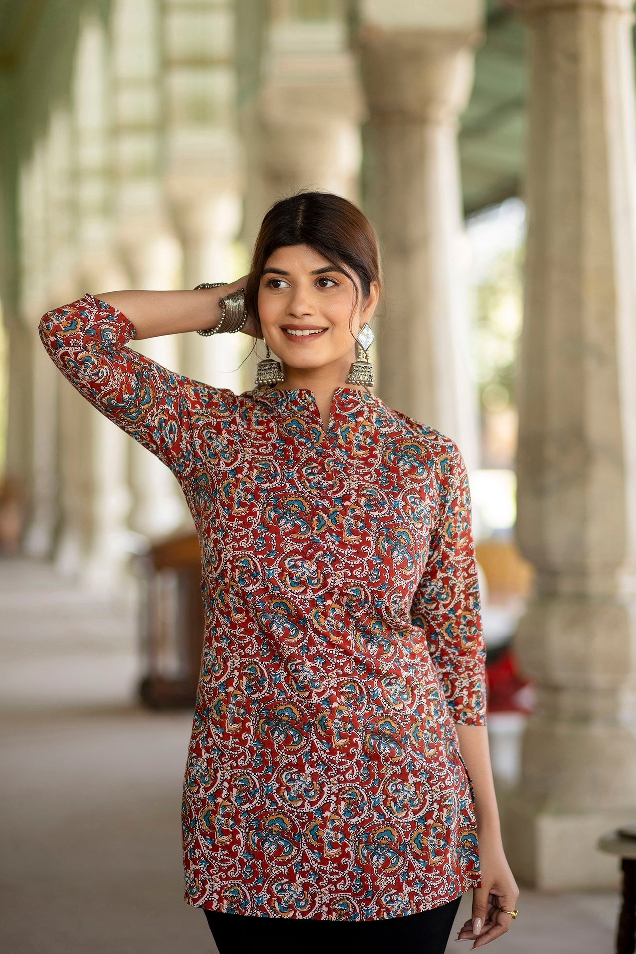 Women Maroon Printed Tunic With Mandarin Collar & Three Quarter Sleeves | LASVINI - Redefining Indian Fashion with Elegance