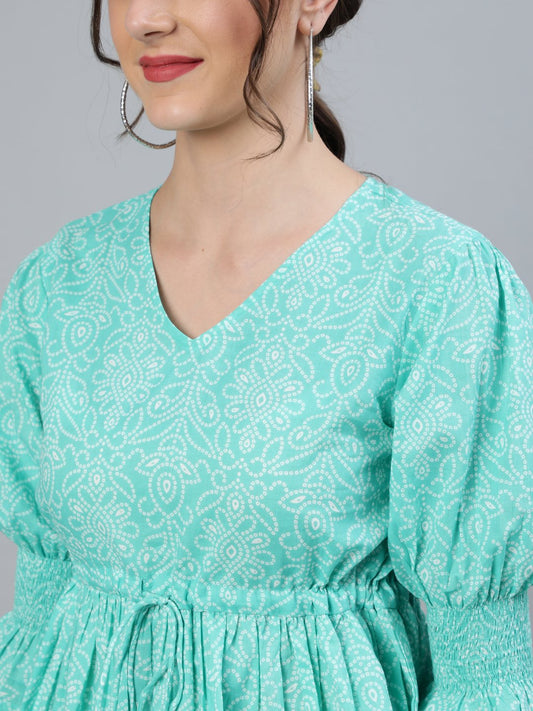 Women Sea Green & Off White Bandhani Printed Top With Three Quarter Sleeves | LASVINI - Redefining Indian Fashion with Elegance