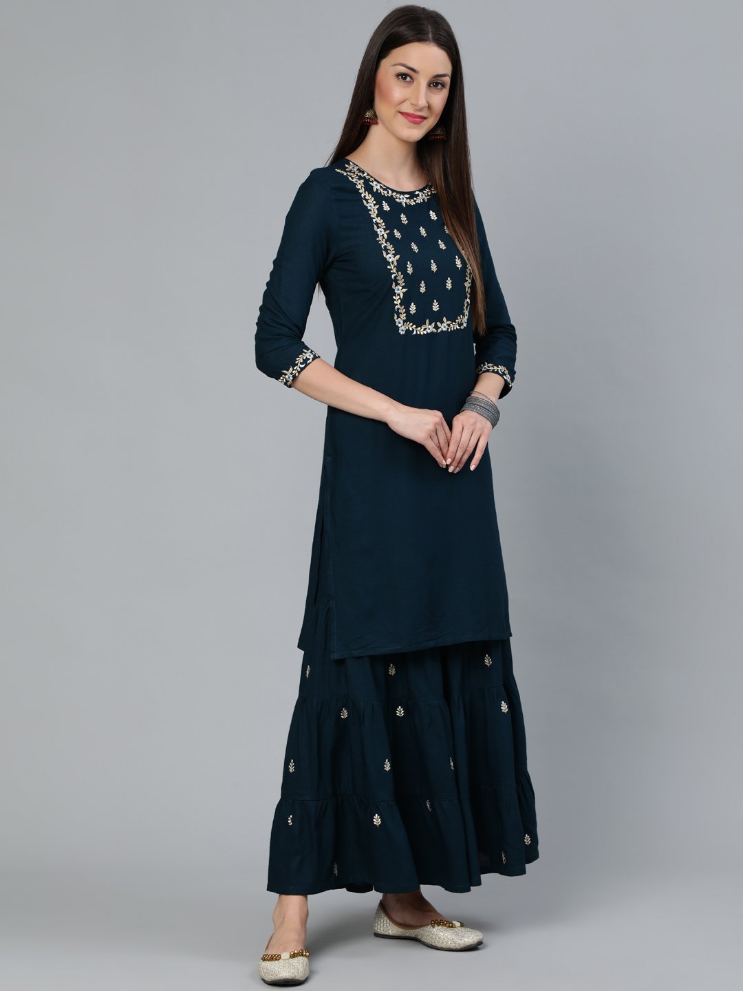 Women Teal Blue Gold Embroidered Straight Kurta With Tired Sharara & Organza Dupatta | LASVINI - Redefining Indian Fashion with Elegance