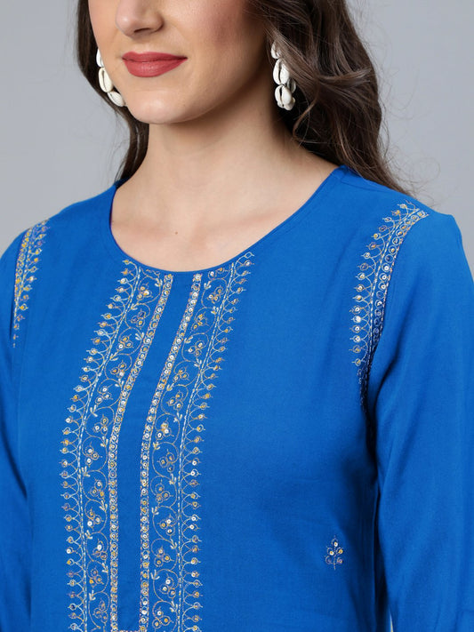 Women Teal Blue Sequence Embroidered Straight Kurta Plazzo & Net Dupatta | LASVINI - Redefining Indian Fashion with Elegance