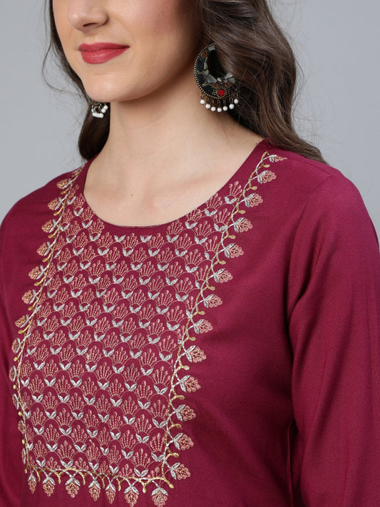 Women Burgundy Embroidered Straight Kurta Plazzo & Organza Dupatta | LASVINI - Redefining Indian Fashion with Elegance