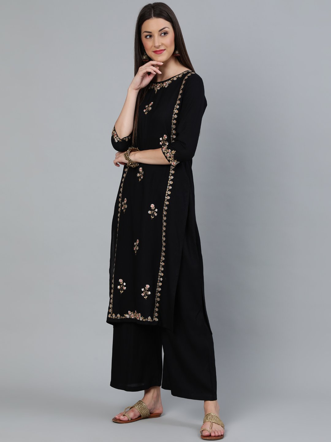 Women Black & Peach Embroidered Straight Kurta Plazzo & Organza Dupatta | LASVINI - Redefining Indian Fashion with Elegance