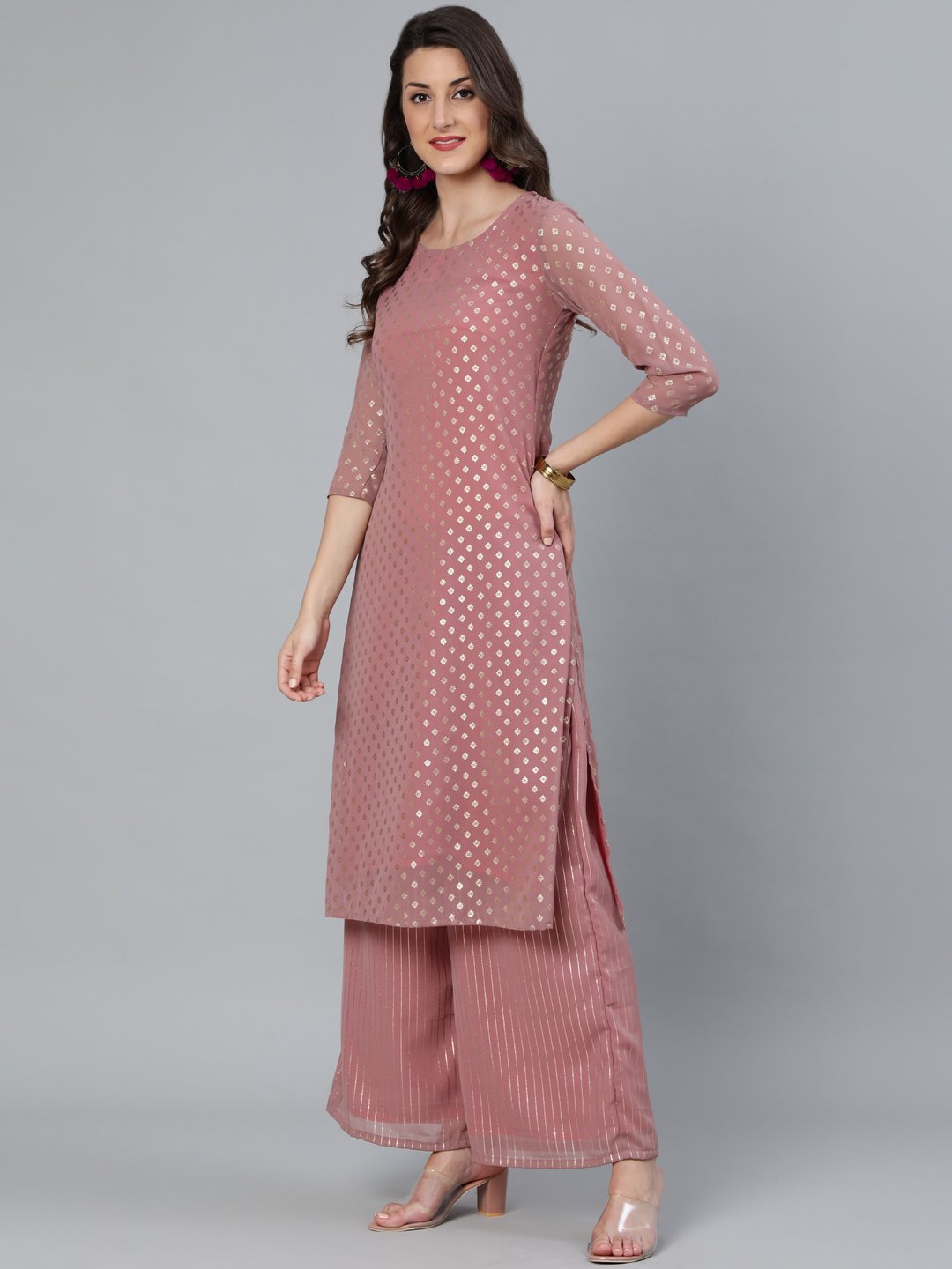 Women Mauve Foil Printed Straight Kurta Plazzo & Sequence Net Dupatta | LASVINI - Redefining Indian Fashion with Elegance