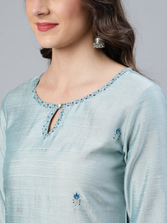 Women Pastel Blue Embroideres Straight Kurta Plazzo & Net Dupatta | LASVINI - Redefining Indian Fashion with Elegance