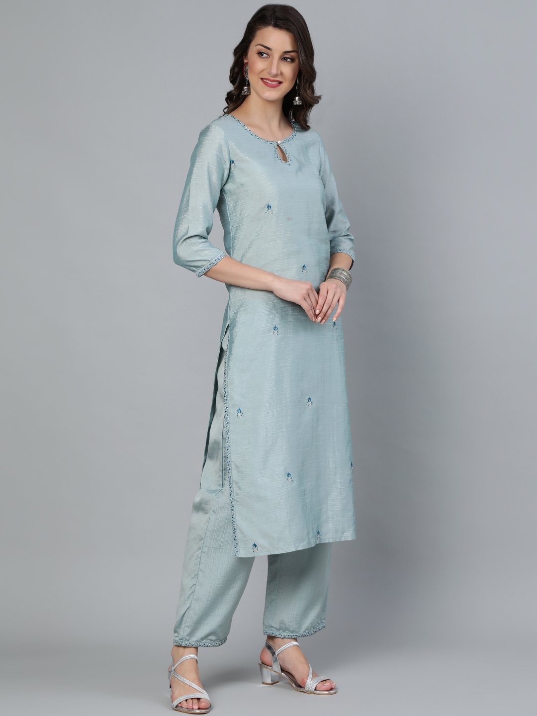 Women Pastel Blue Embroideres Straight Kurta Plazzo & Net Dupatta | LASVINI - Redefining Indian Fashion with Elegance