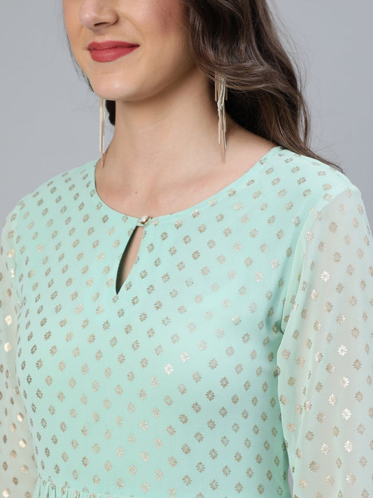 Women Pastel Green Foil Printed Tired Dress With Pink Embroidered Dupatta | LASVINI - Redefining Indian Fashion with Elegance