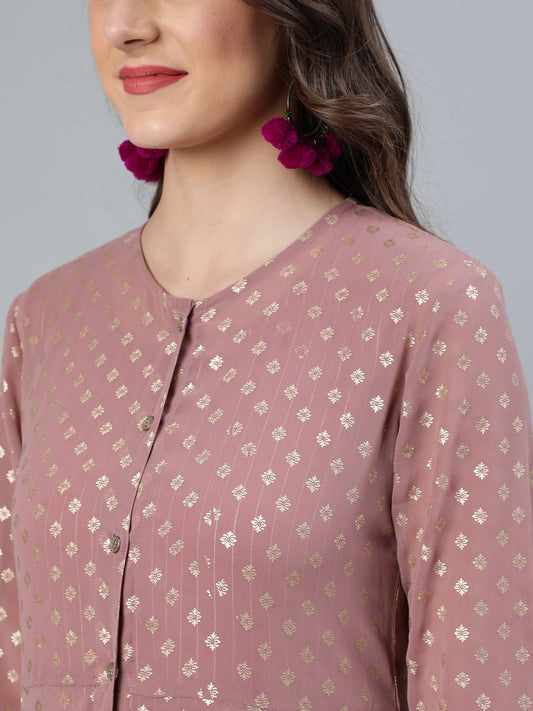 Women Mauve Foil Printed Dress With Three Quater Sleeves Jacket | LASVINI - Redefining Indian Fashion with Elegance