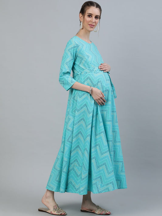 Women Blue Printed Maternity Dress With Three Quarter Sleeves | LASVINI - Redefining Indian Fashion with Elegance