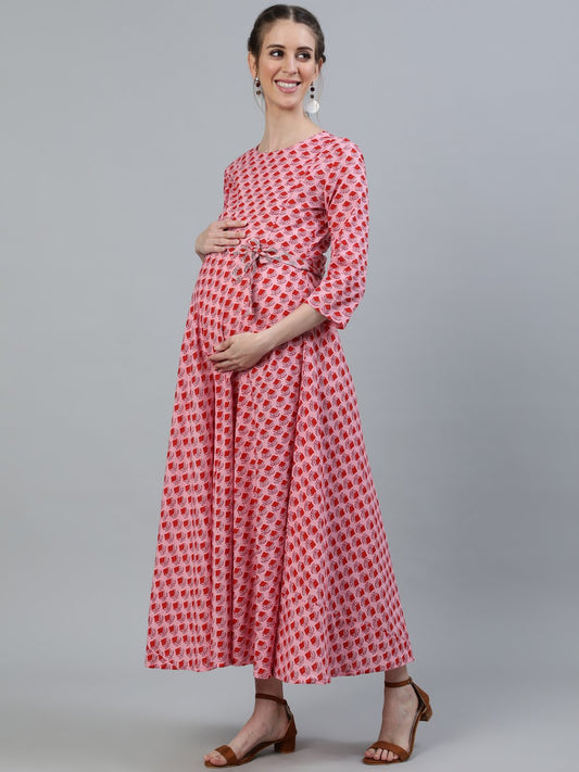 Women Pink Printed Maternity Dress With Three Quarter Sleeves | LASVINI - Redefining Indian Fashion with Elegance
