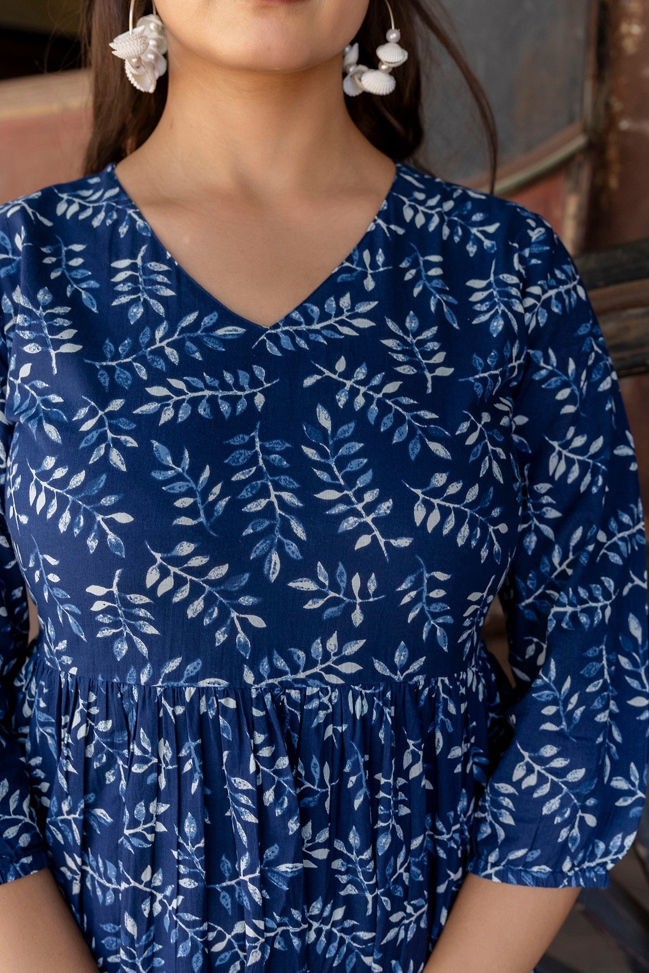 Women Indigo Blue Printed Dress With Three Quarter Sleeves | LASVINI - Redefining Indian Fashion with Elegance