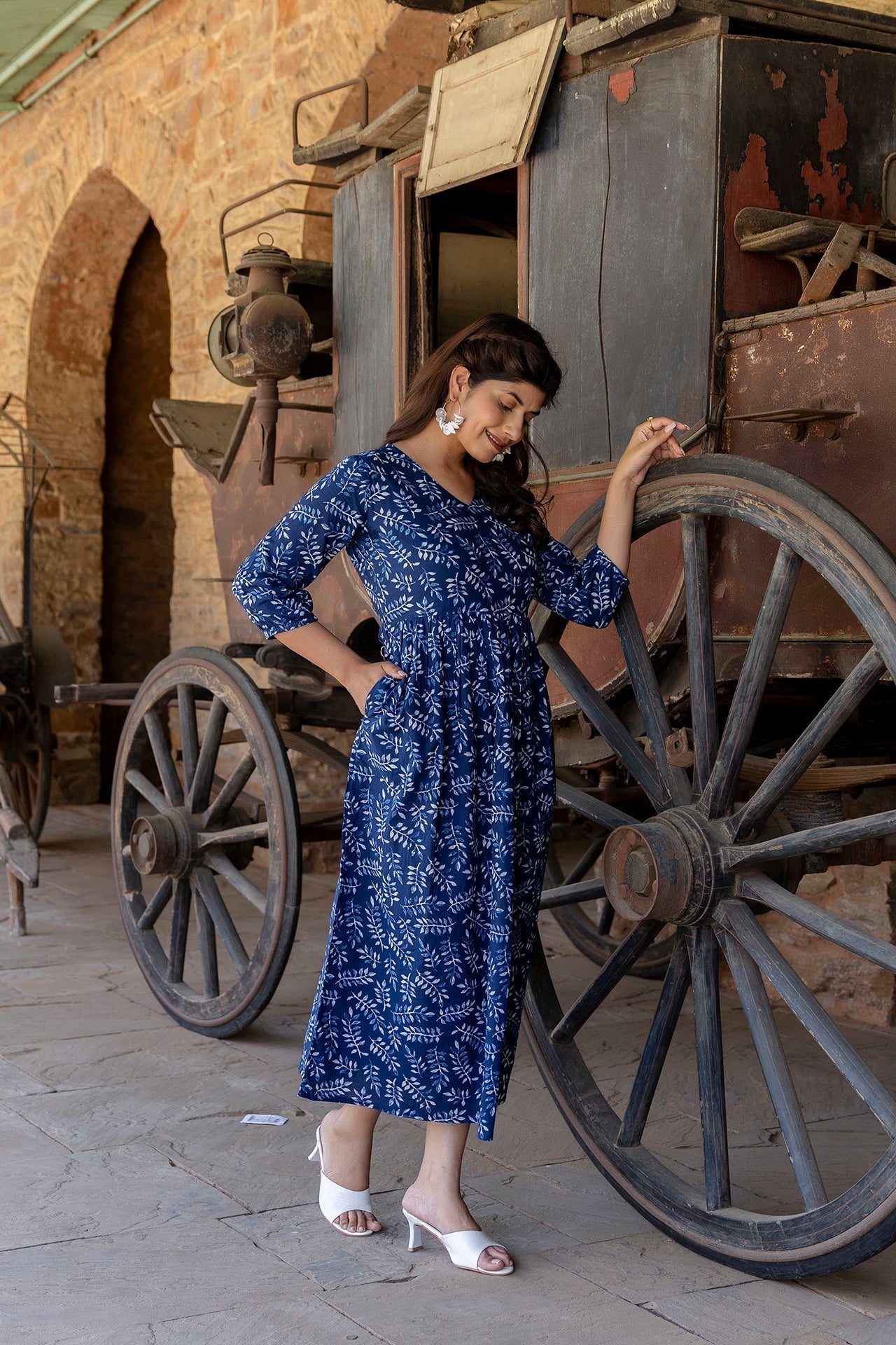 Women Indigo Blue Printed Dress With Three Quarter Sleeves | LASVINI - Redefining Indian Fashion with Elegance