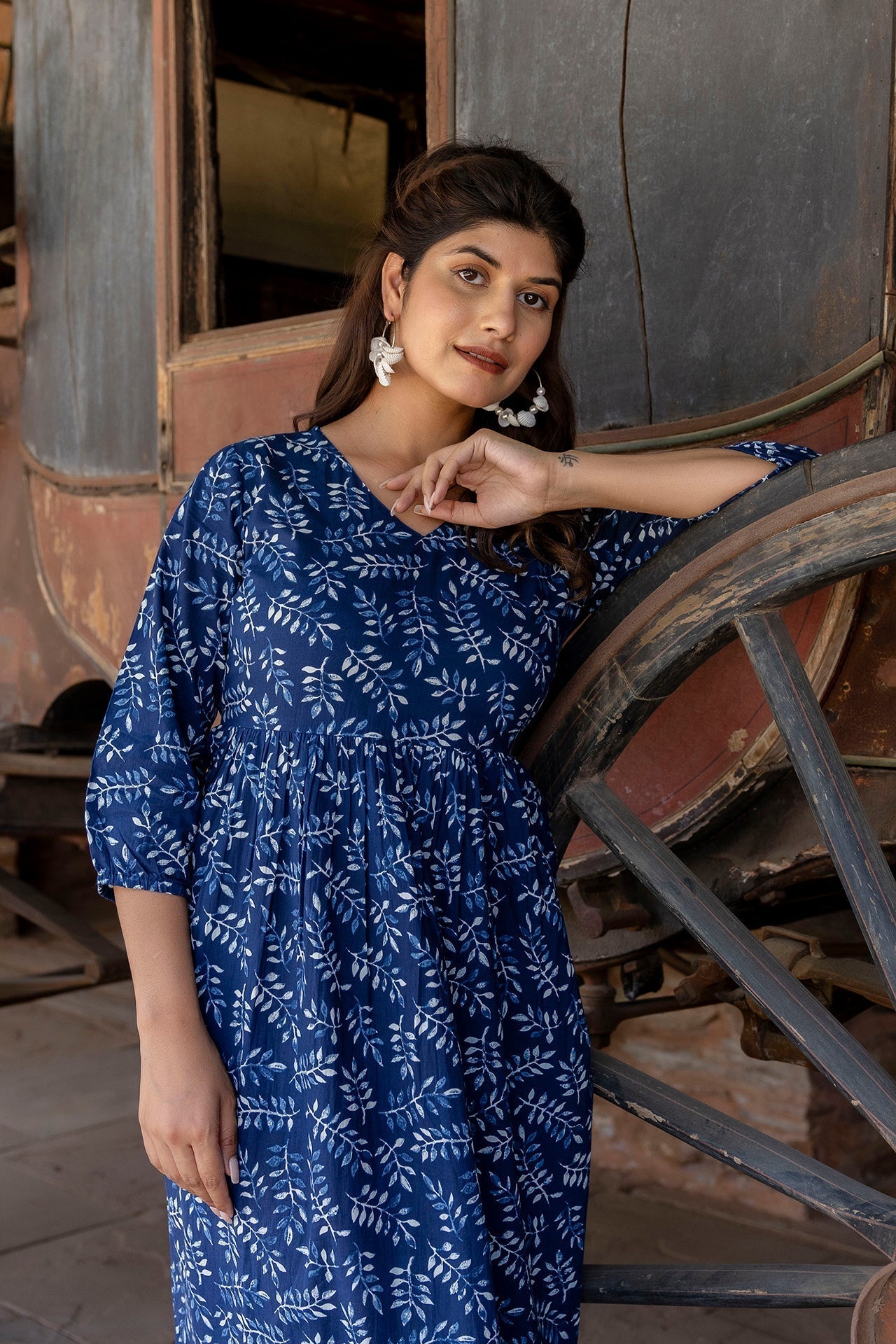 Women Indigo Blue Printed Dress With Three Quarter Sleeves | LASVINI - Redefining Indian Fashion with Elegance