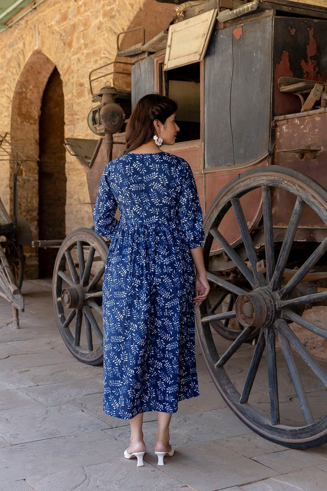 Women Indigo Blue Printed Dress With Three Quarter Sleeves | LASVINI - Redefining Indian Fashion with Elegance