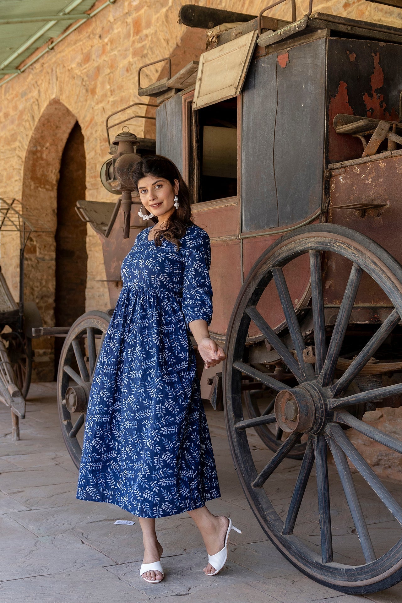 Women Indigo Blue Printed Dress With Three Quarter Sleeves | LASVINI - Redefining Indian Fashion with Elegance