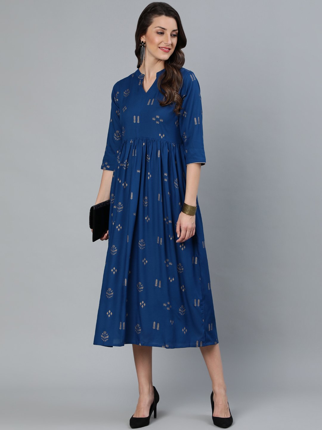 Women Teal Blue & Gold Printed Dress With Three Quarter Sleeves | LASVINI - Redefining Indian Fashion with Elegance