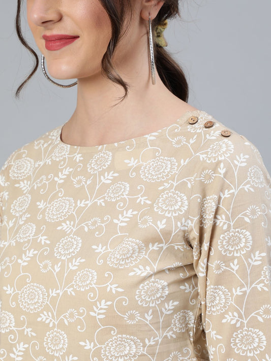 Womenbeige & Off-White Floral Printed Top With Round Neck & Three Quarter Sleeves | LASVINI - Redefining Indian Fashion with Elegance