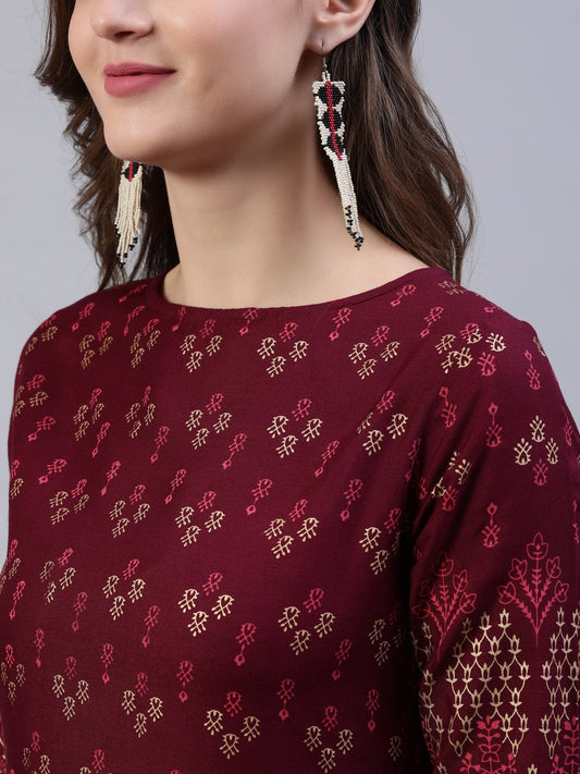 Women Burgundy Printed Dress With Three Quarter Sleeves | LASVINI - Redefining Indian Fashion with Elegance