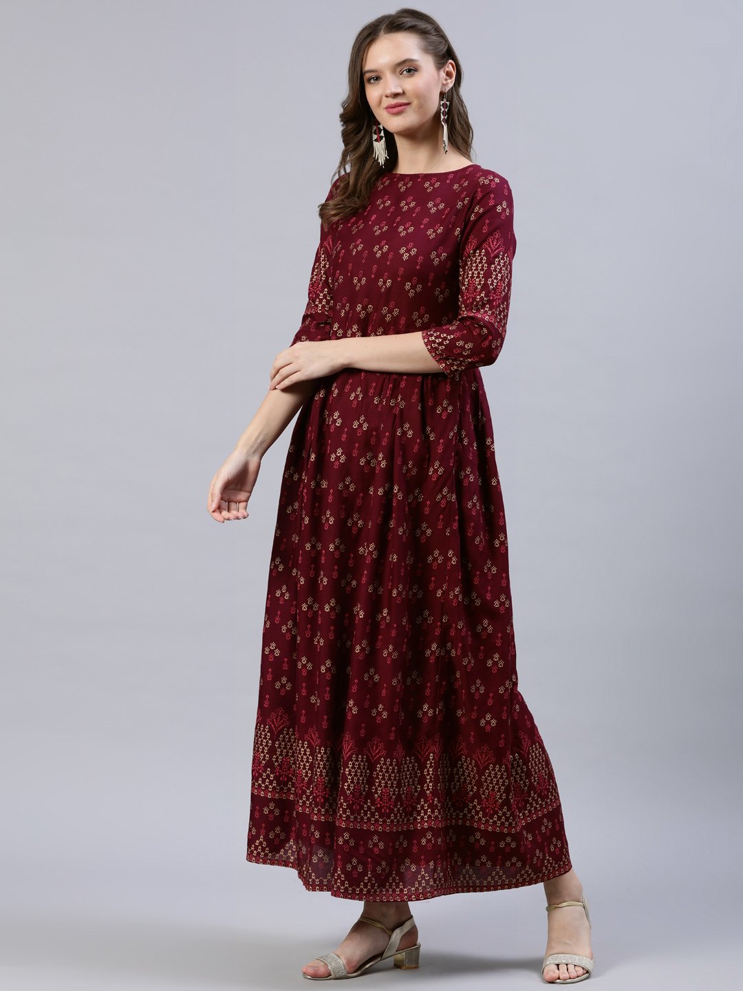 Women Burgundy Printed Dress With Three Quarter Sleeves | LASVINI - Redefining Indian Fashion with Elegance