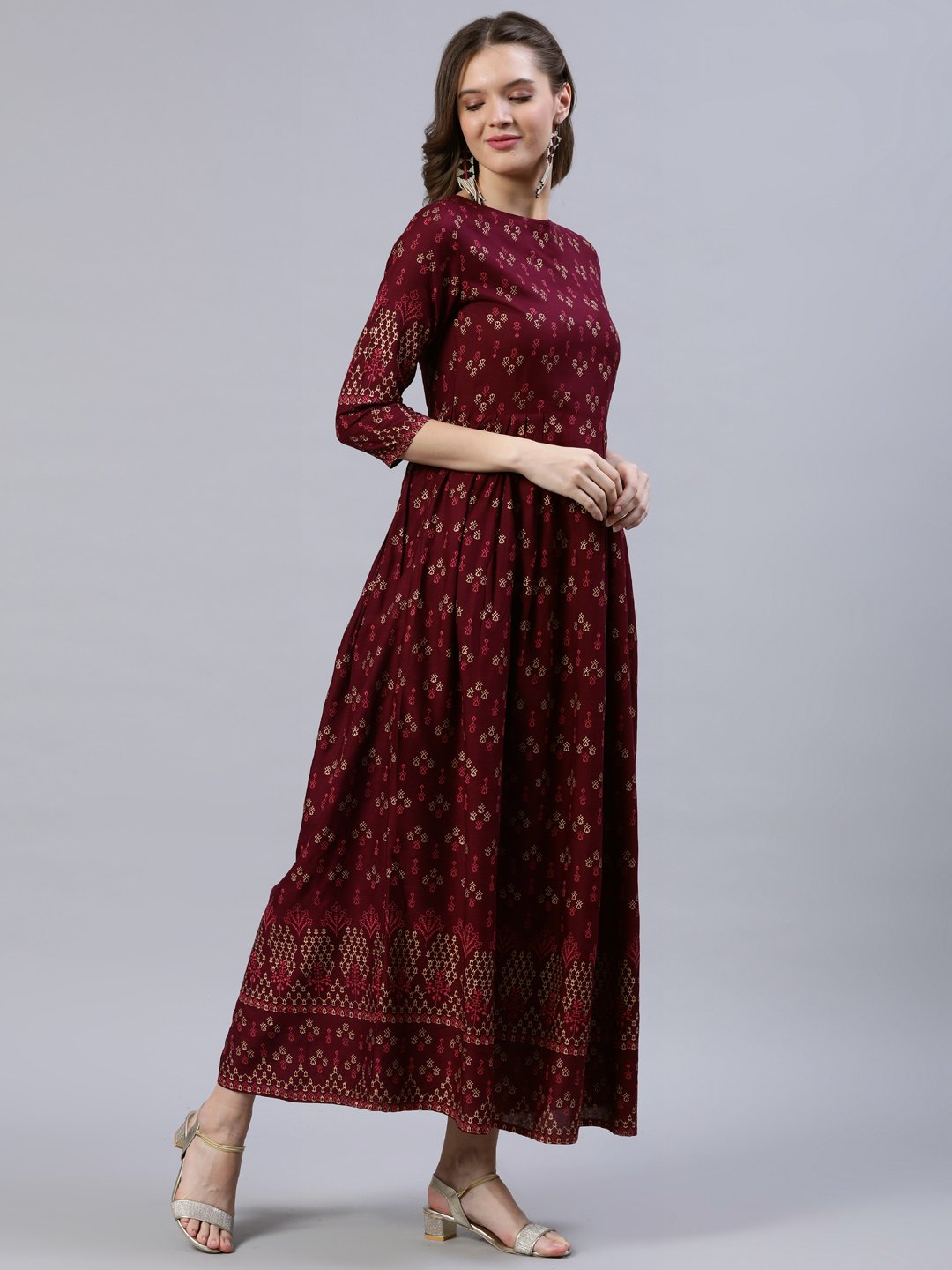 Women Burgundy Printed Dress With Three Quarter Sleeves | LASVINI - Redefining Indian Fashion with Elegance