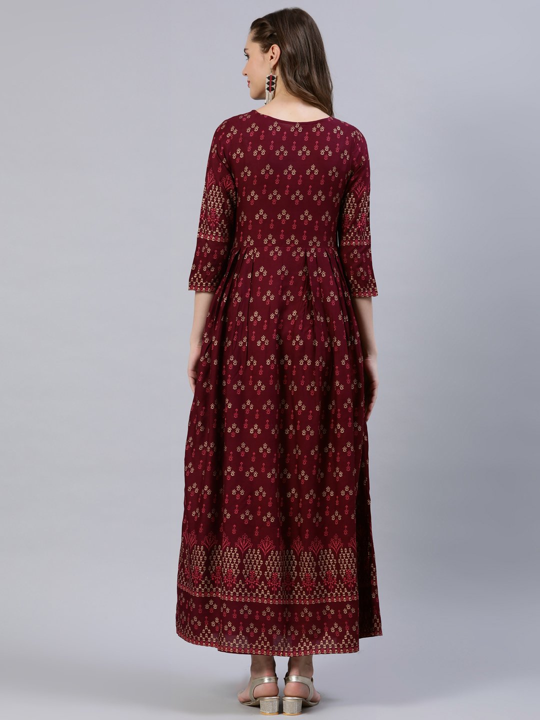 Women Burgundy Printed Dress With Three Quarter Sleeves | LASVINI - Redefining Indian Fashion with Elegance