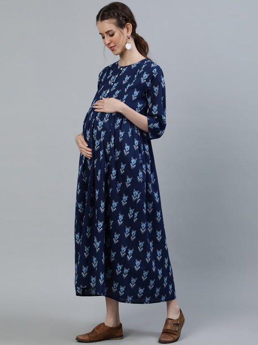 Women Blue Indigo Printed Maternity Dress With Three Quarter Sleeves | LASVINI - Redefining Indian Fashion with Elegance