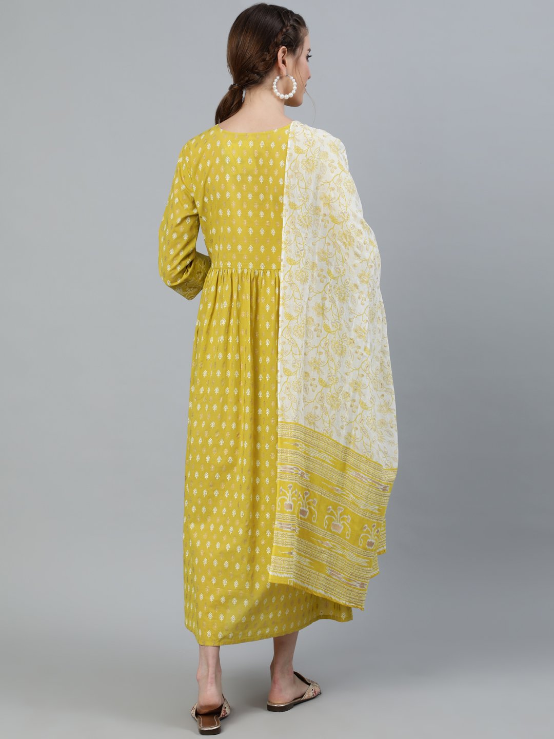 Women Lime Green & Gold Indigo Printed Maternity Dress With Three Quarter Sleeves & Dupatta | LASVINI - Redefining Indian Fashion with Elegance
