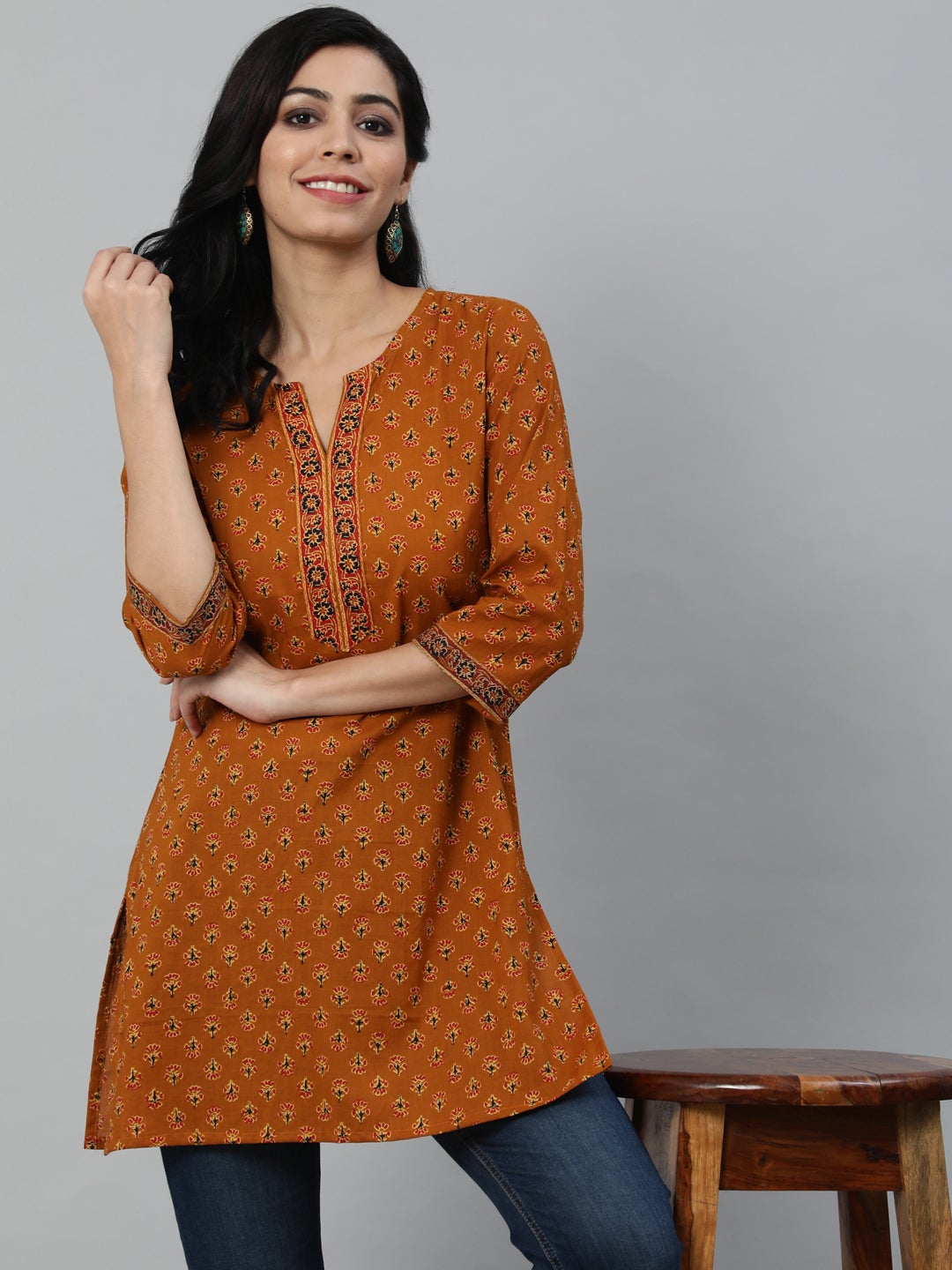 Women Mustard & Red Printed Tunic | LASVINI - Redefining Indian Fashion with Elegance