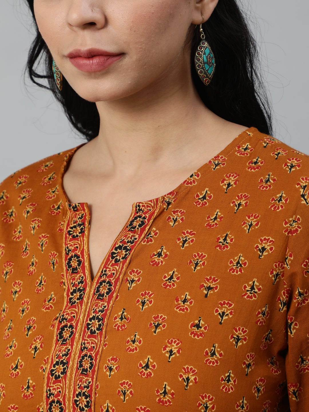 Women Mustard & Red Printed Tunic | LASVINI - Redefining Indian Fashion with Elegance