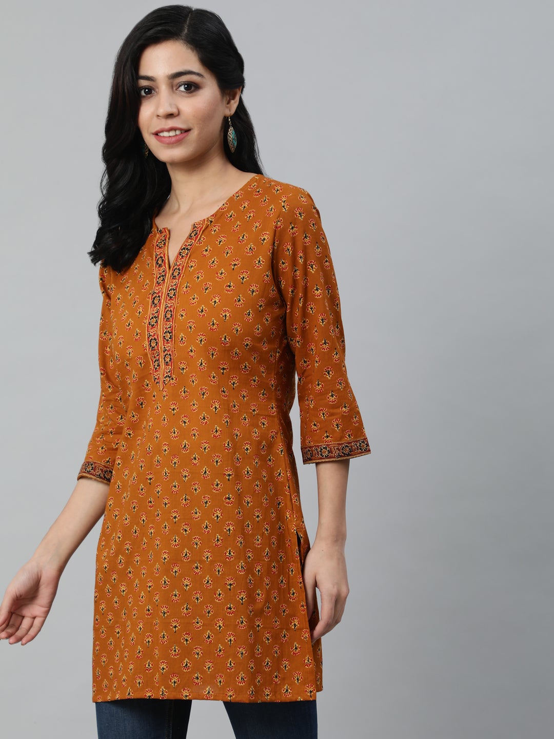 Women Mustard & Red Printed Tunic | LASVINI - Redefining Indian Fashion with Elegance