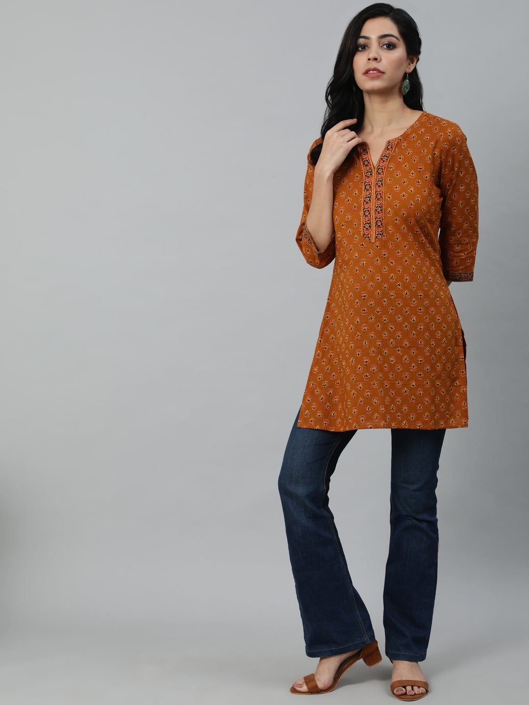 Women Mustard & Red Printed Tunic | LASVINI - Redefining Indian Fashion with Elegance