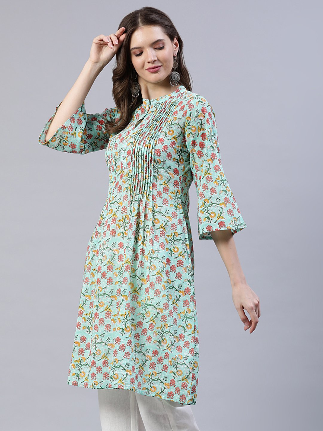 Women Green Pleated A-Line Kurta With Three Quarter Sleeves | LASVINI - Redefining Indian Fashion with Elegance