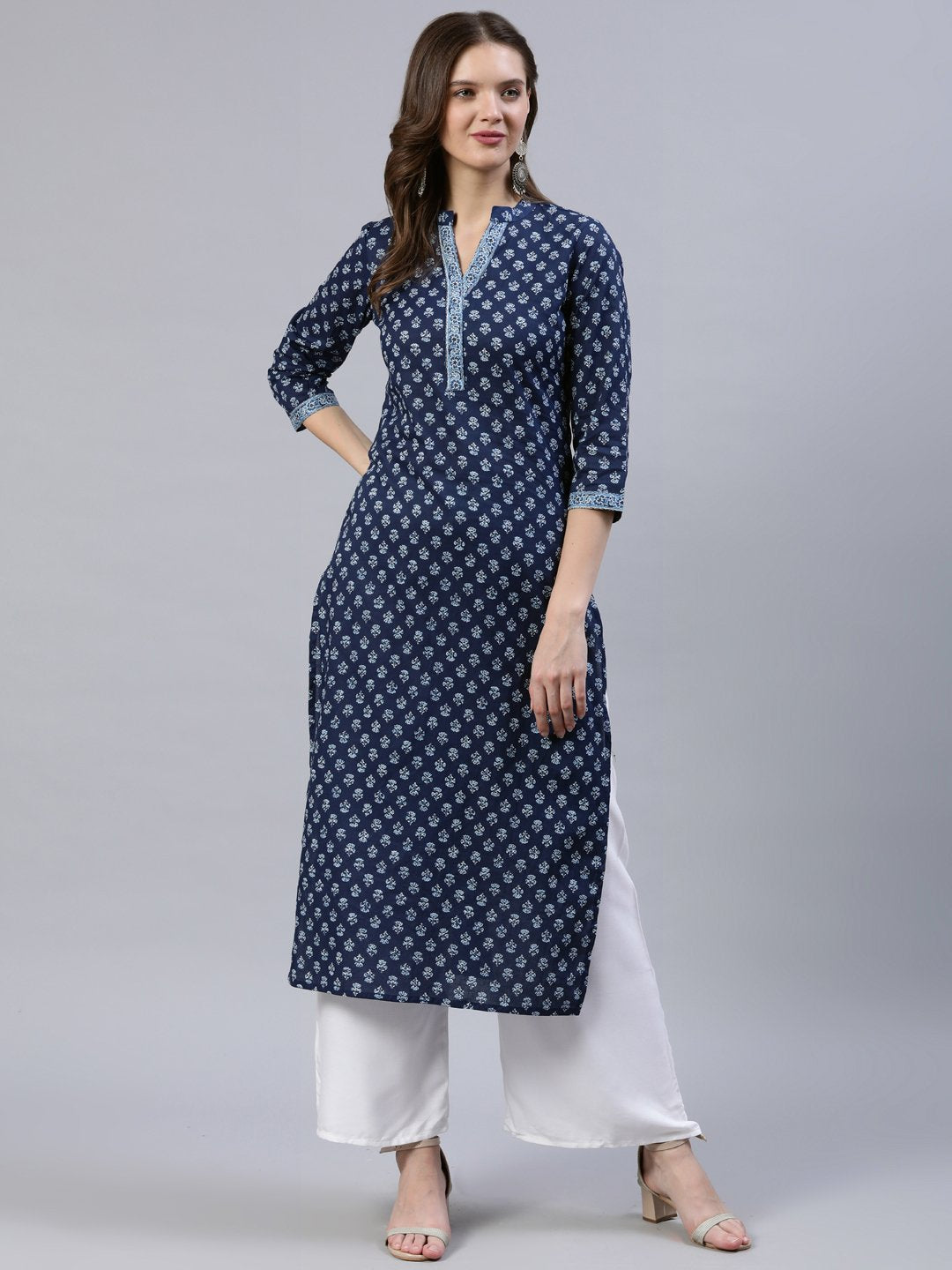 Women Indigo Blue Printed Straight Kurta With Three Quarter Sleeves | LASVINI - Redefining Indian Fashion with Elegance