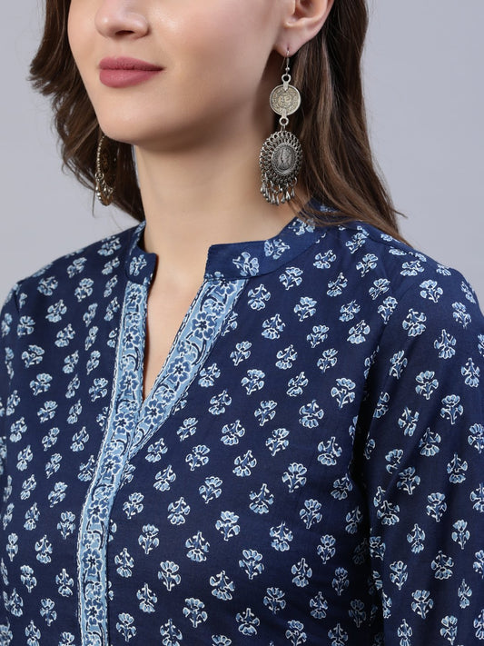 Women Indigo Blue Printed Straight Kurta With Three Quarter Sleeves | LASVINI - Redefining Indian Fashion with Elegance