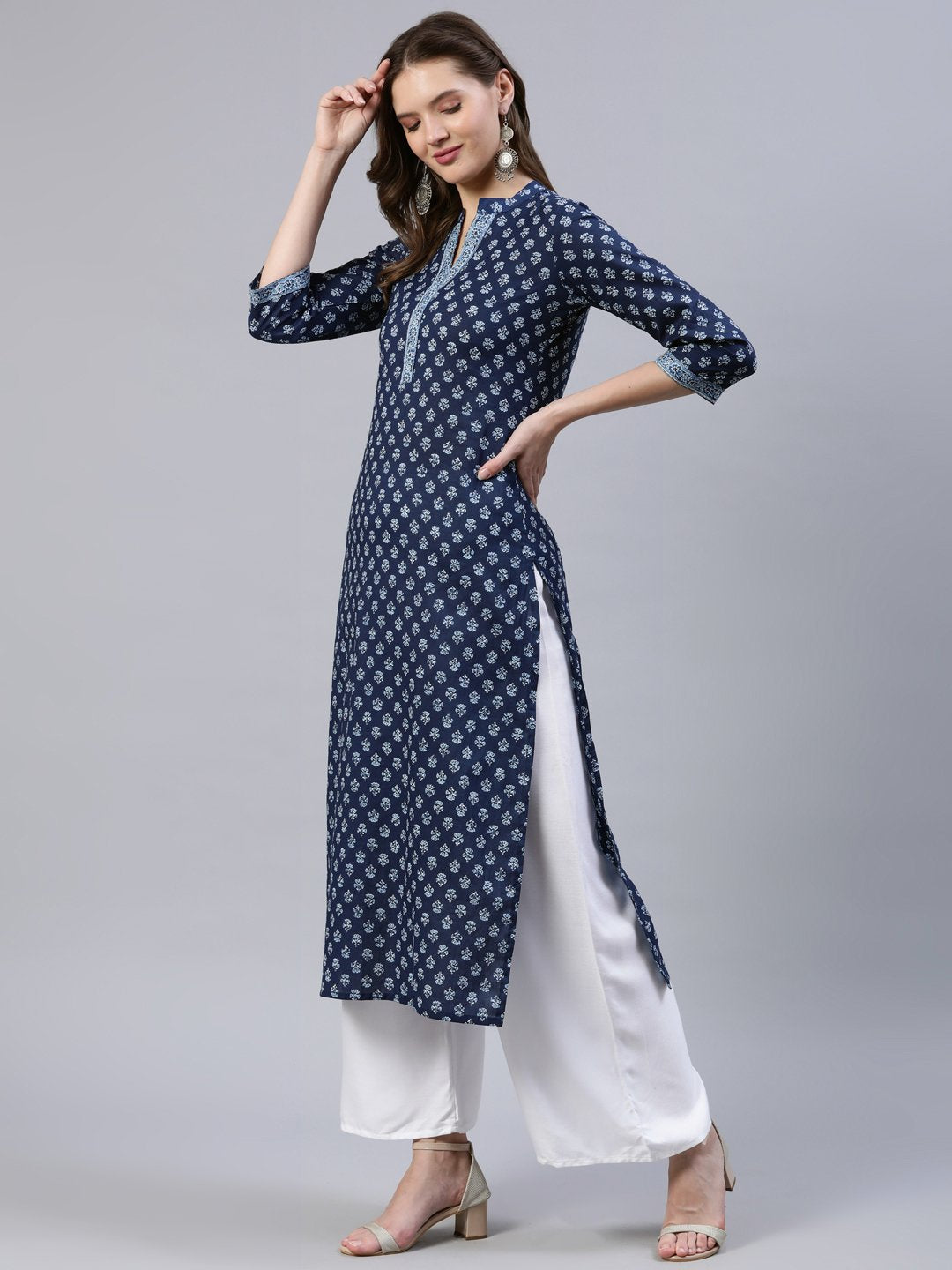 Women Indigo Blue Printed Straight Kurta With Three Quarter Sleeves | LASVINI - Redefining Indian Fashion with Elegance