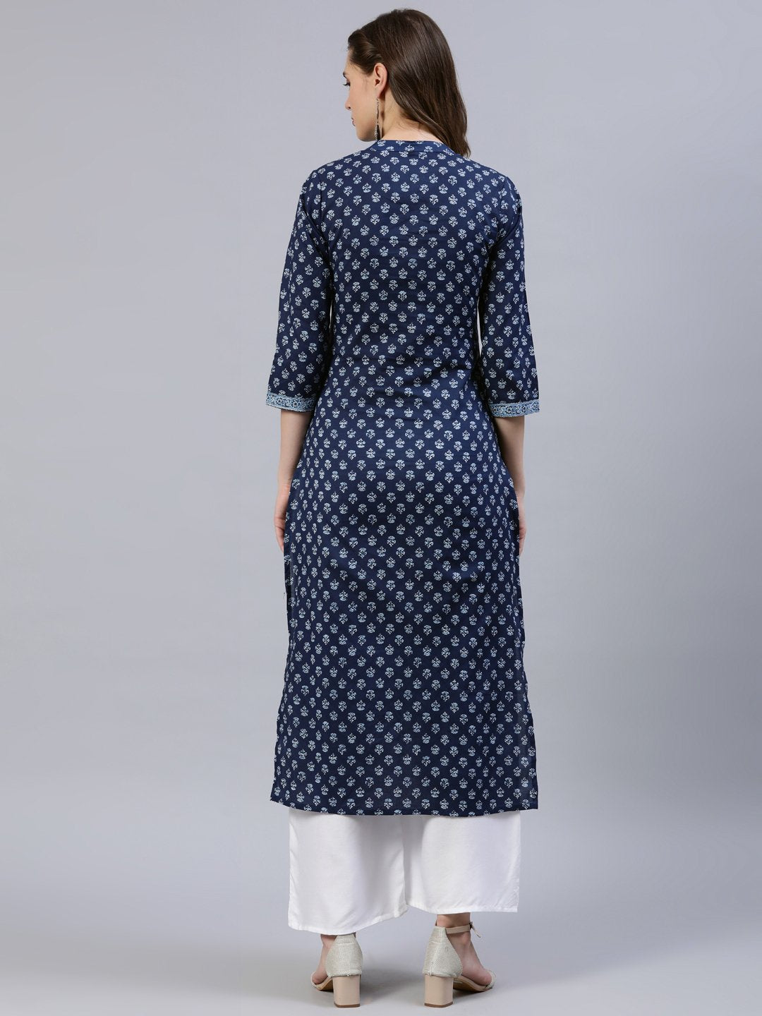 Women Indigo Blue Printed Straight Kurta With Three Quarter Sleeves | LASVINI - Redefining Indian Fashion with Elegance