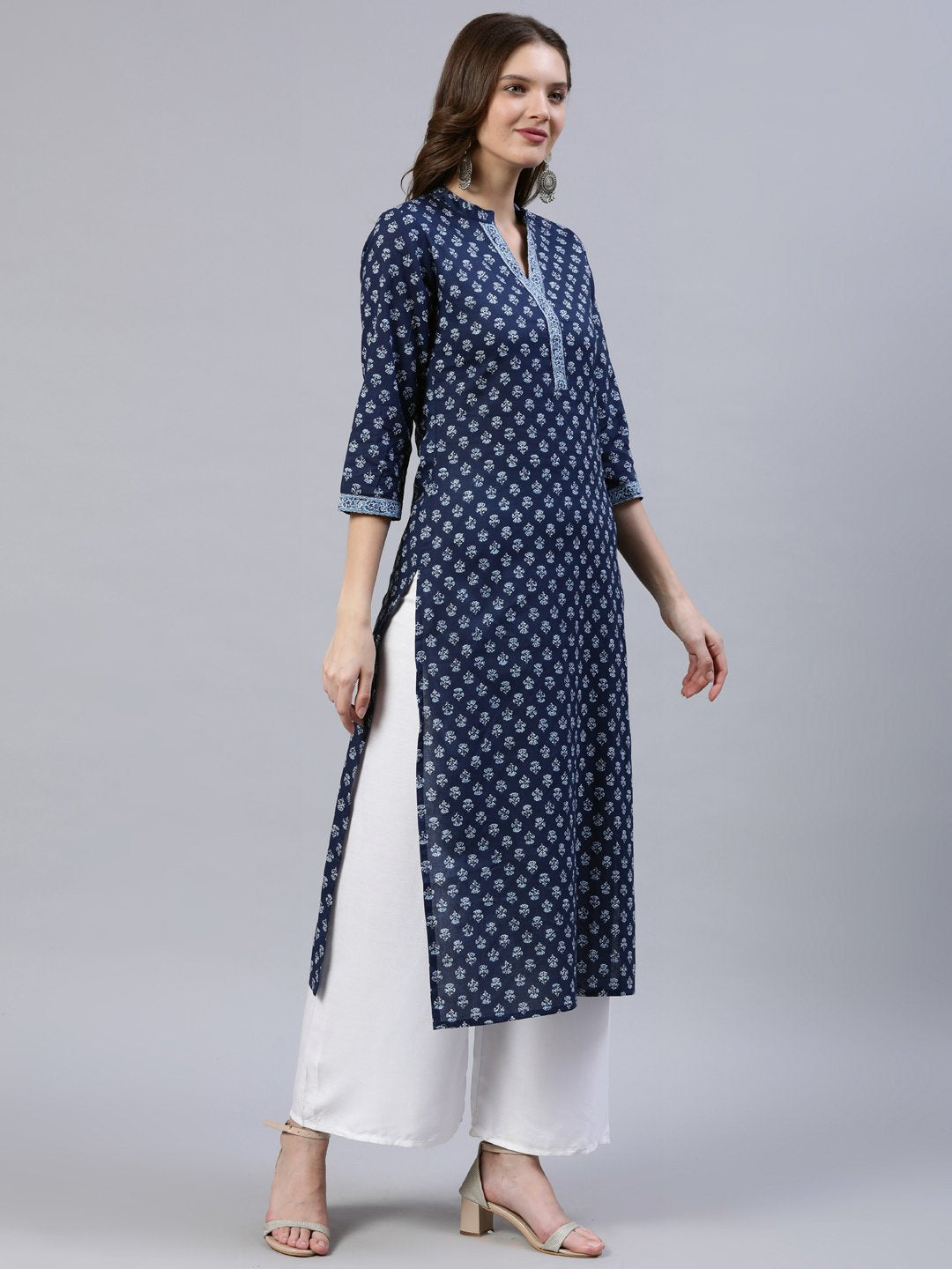 Women Indigo Blue Printed Straight Kurta With Three Quarter Sleeves | LASVINI - Redefining Indian Fashion with Elegance