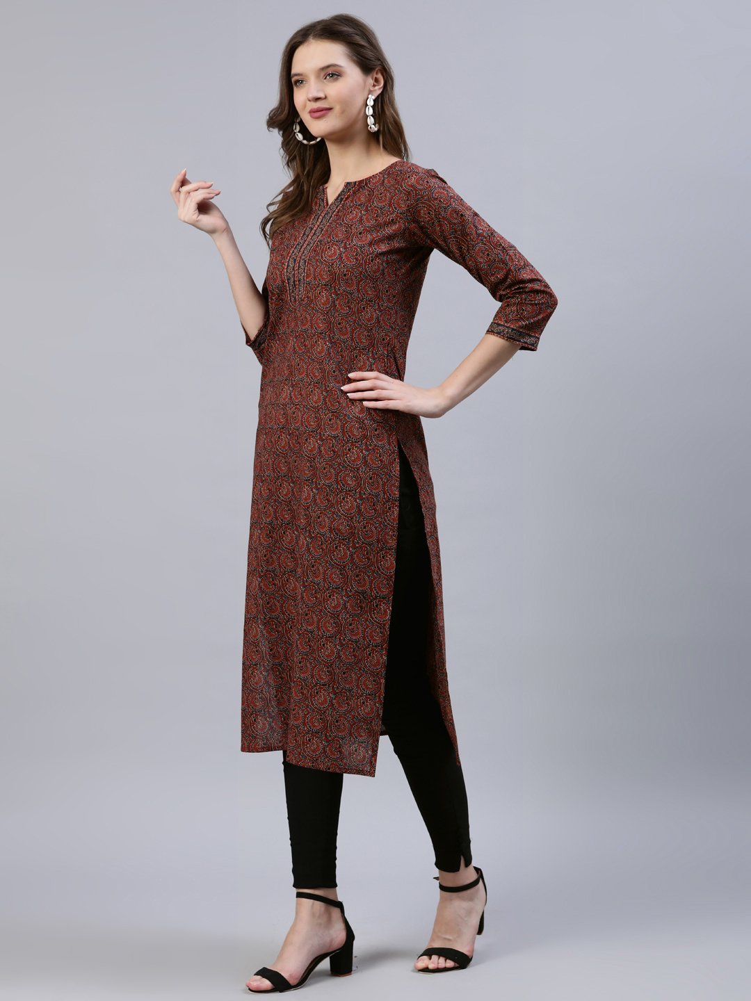 Women Maroon Printed Straight Kurta With Three Quarter Sleeves | LASVINI - Redefining Indian Fashion with Elegance