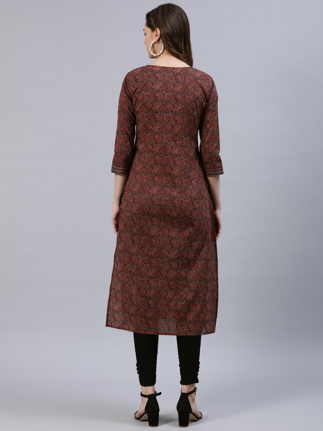 Women Maroon Printed Straight Kurta With Three Quarter Sleeves | LASVINI - Redefining Indian Fashion with Elegance