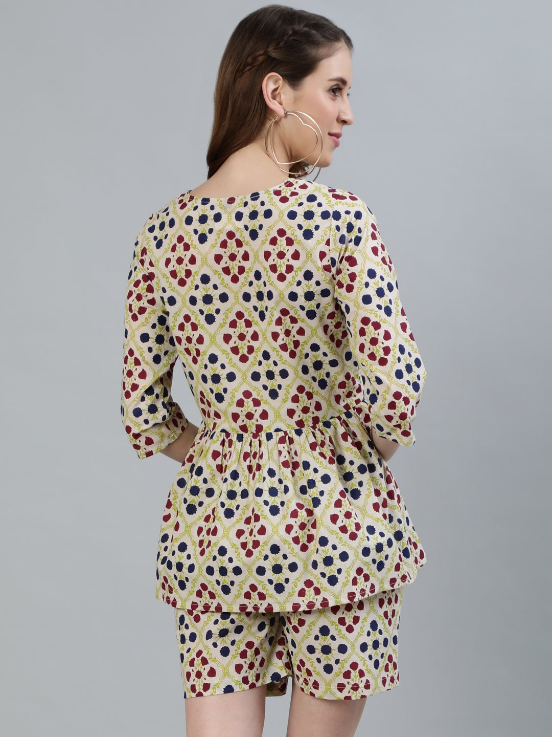 Women Cream Printed Night Suit | LASVINI - Redefining Indian Fashion with Elegance