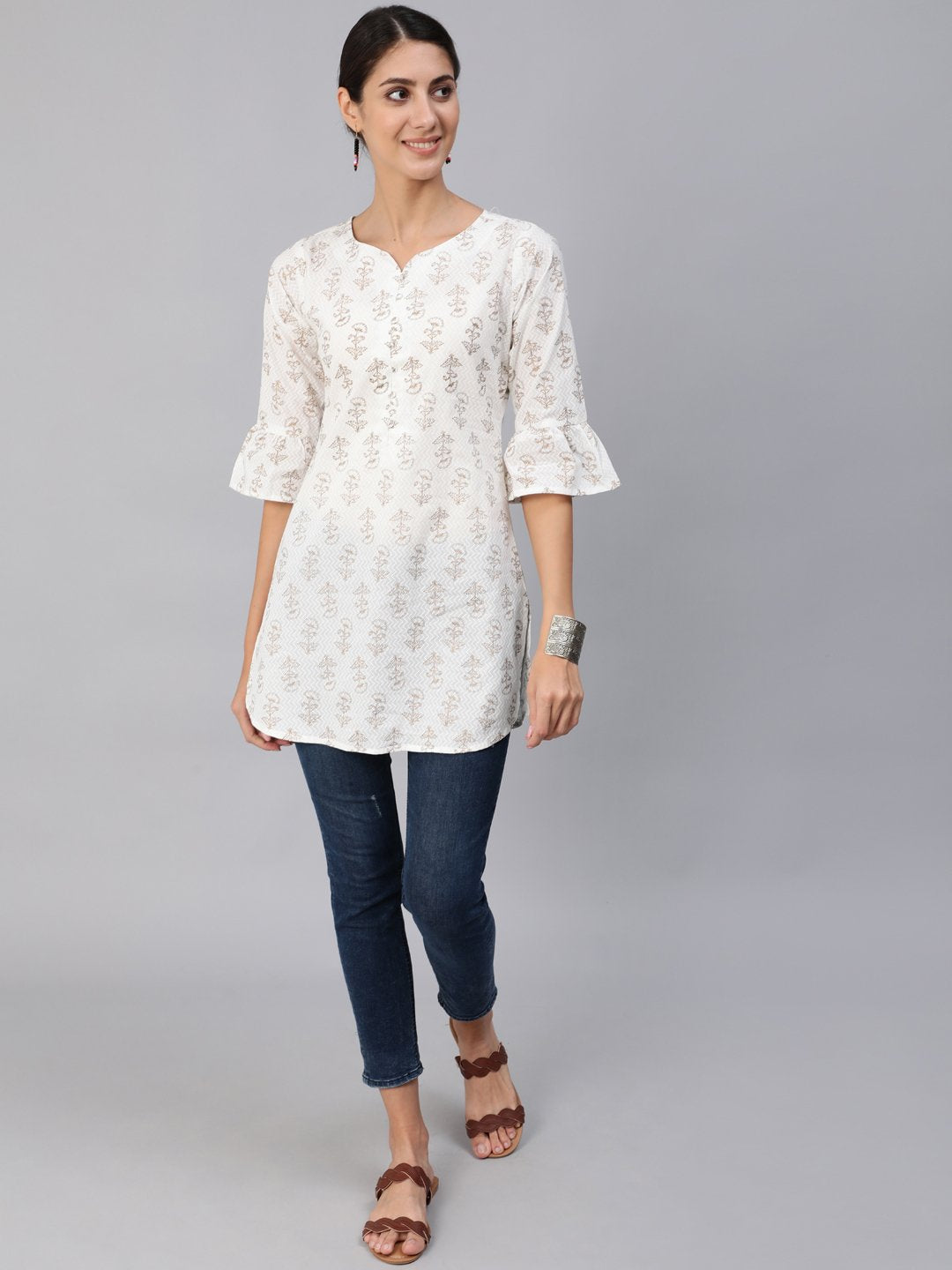 Women Off-White & Gold Printed Tunic With Three Quarter Sleeves | LASVINI - Redefining Indian Fashion with Elegance